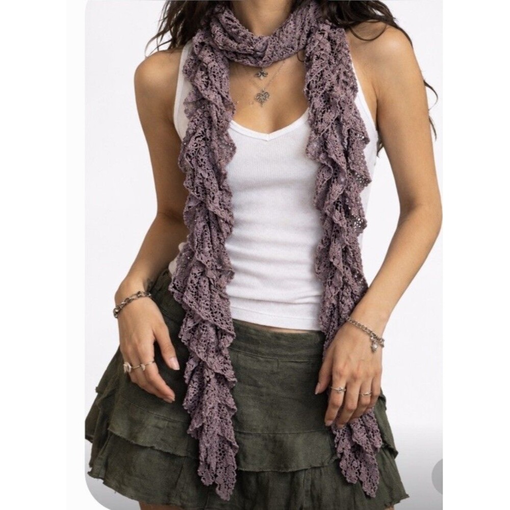Dusty Purple Lace Scarf Ruffled Mauve Fairy Cottagecore Crochet Festival 96”